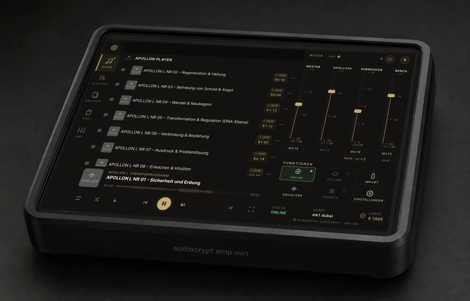 AudioCrypt Amp MK1 intelligent amplifier with the Apollon player