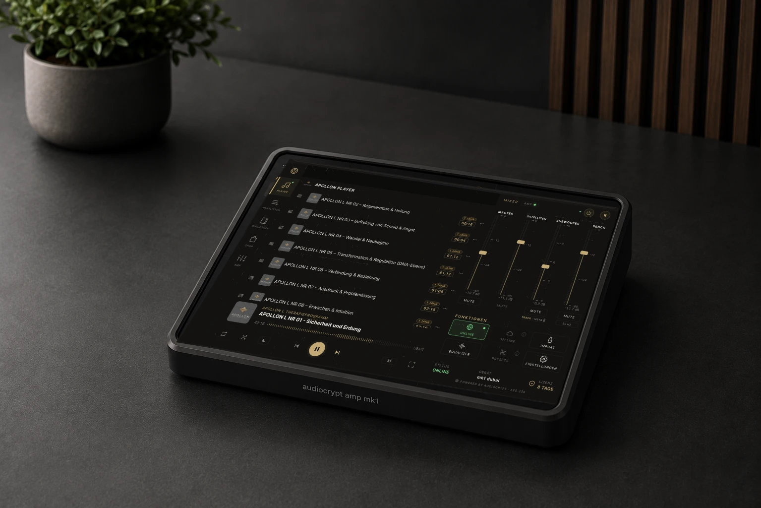 AudioCrypt Amp MK1 with the Apollon player on a dark table